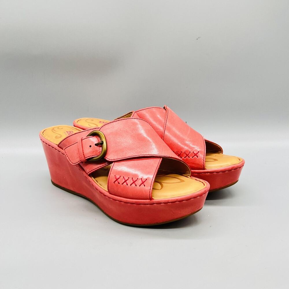 Born Sandals Womens 8 Pink Leather Slide Wedge Platform Buckle Comfort Shoes